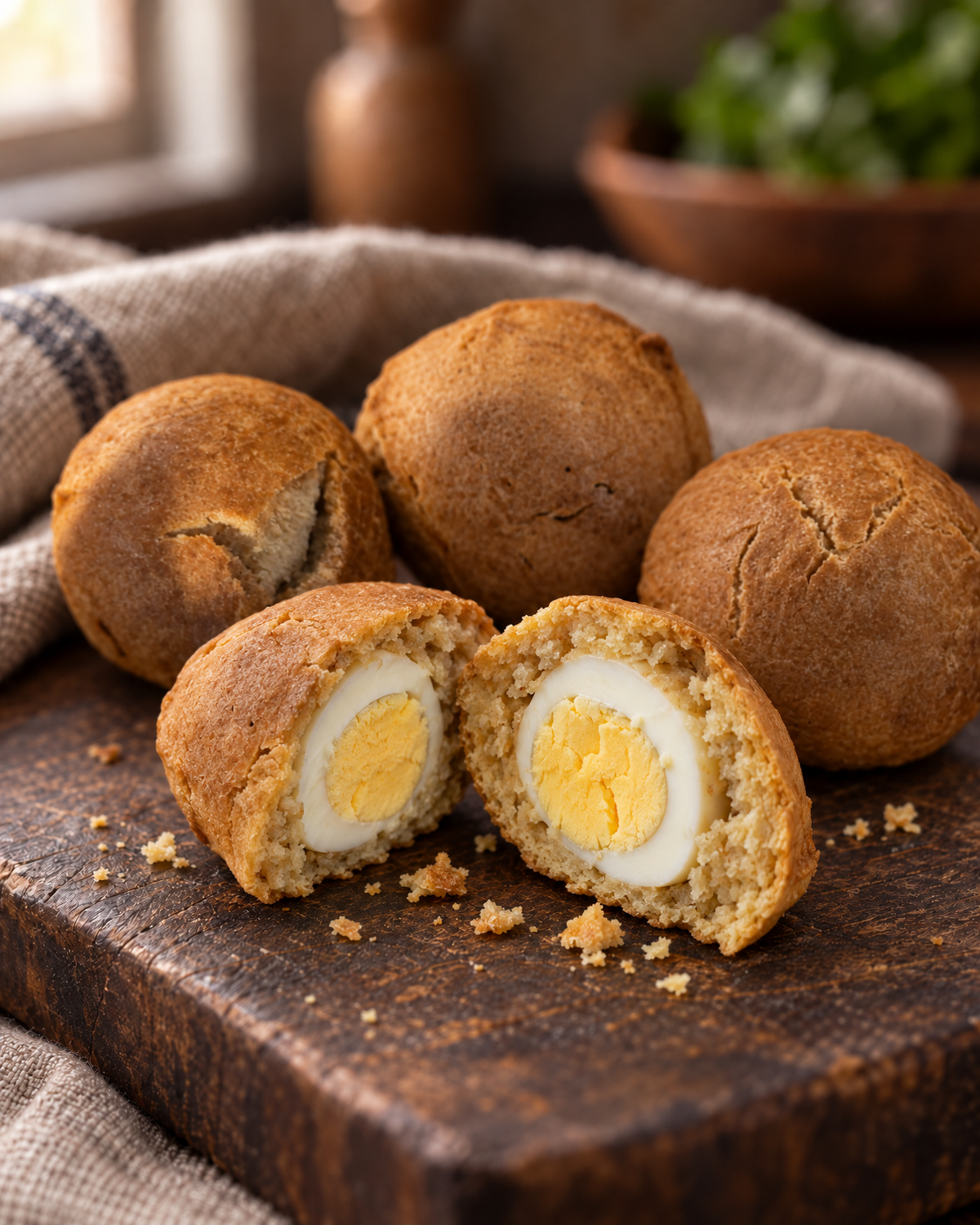 Nigerian egg rolls on a wooden board, one cut open to show the boiled egg inside