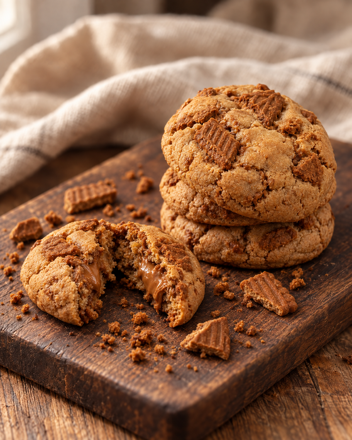 Biscoff New York style cookies, one broken open