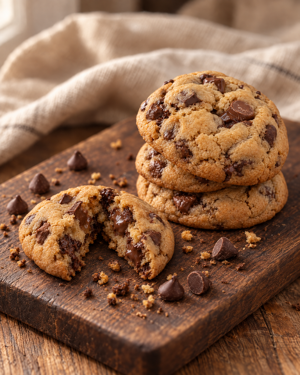Chocolate chip New York style cookies, one broken open