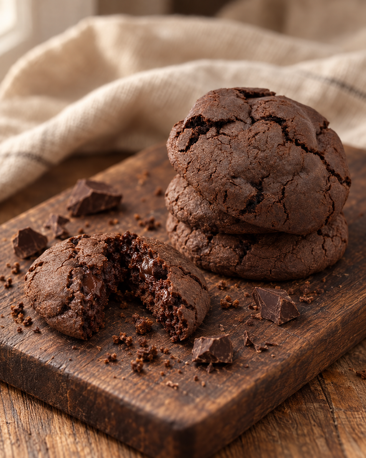 Double chocolate New York style cookies, one broken open
