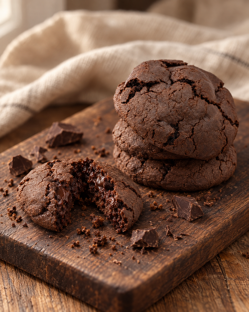 Double chocolate New York style cookies, one broken open