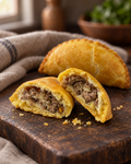 Nigerian meat pie broken open to show the beef, potato and carrot filling