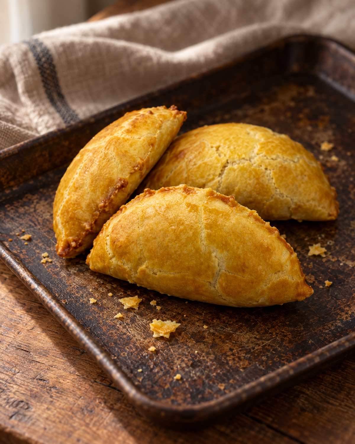 Three Nigerian meat pies on a baking tray