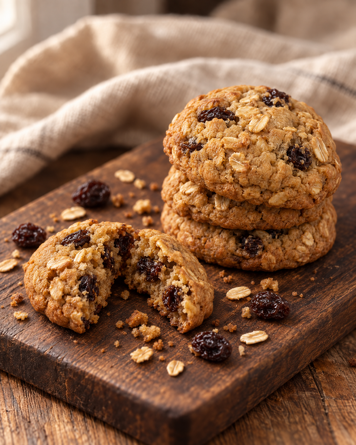 Oat raisin New York style cookies, one broken open