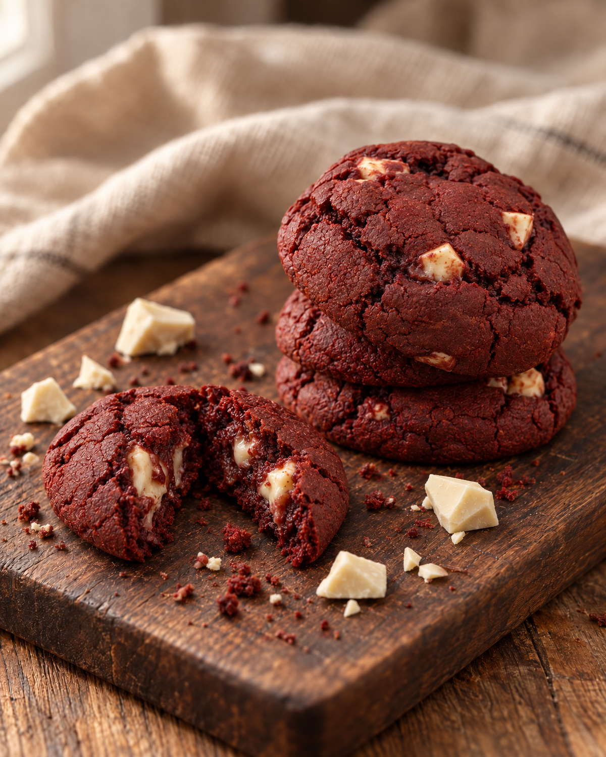 Red velvet New York style cookies, one broken open