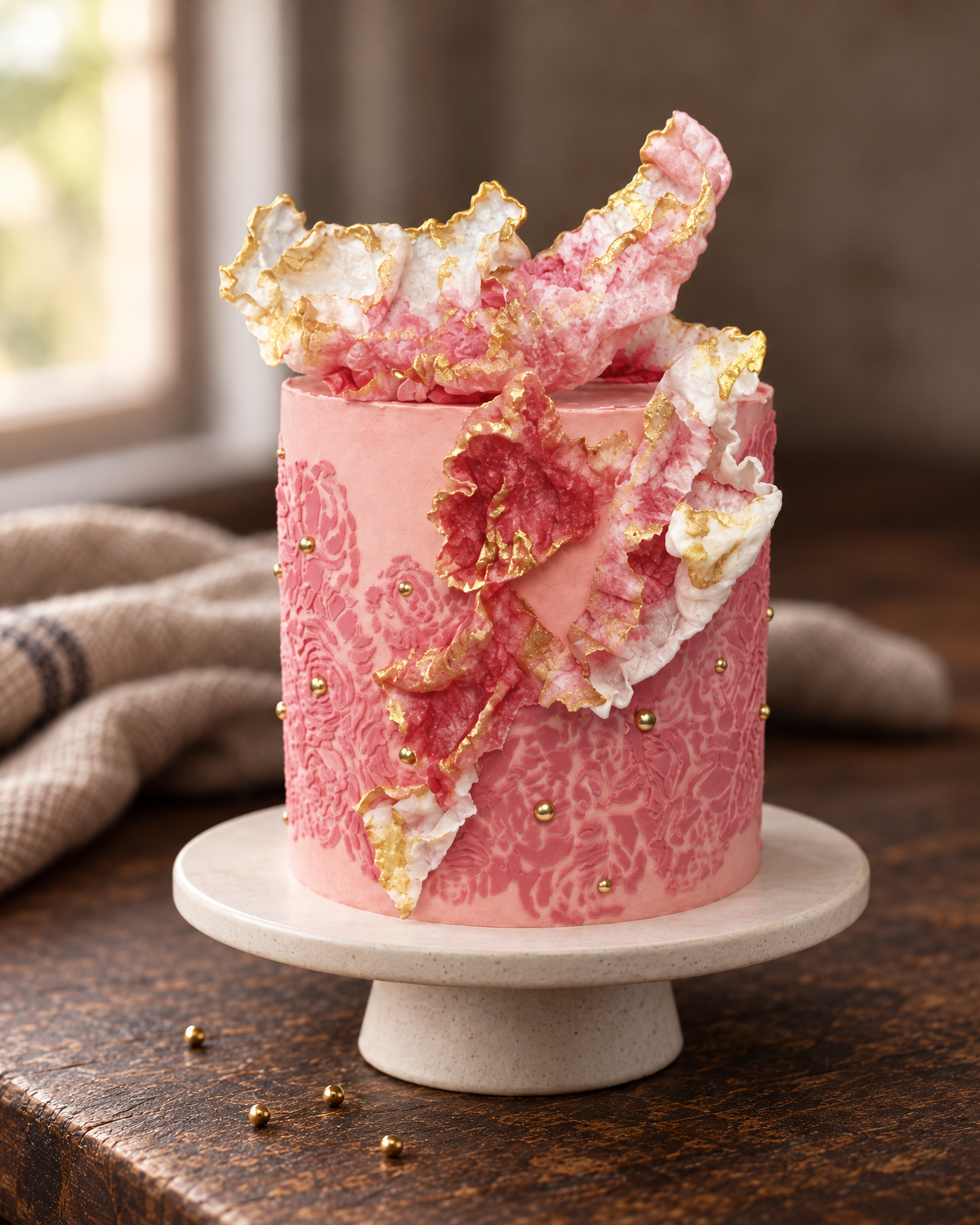 Custom celebration cake, pink buttercream with sugar ruffles and gold