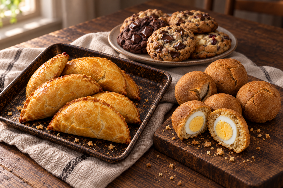 A catering spread of Nigerian meat pies, egg rolls and cookies on a long table